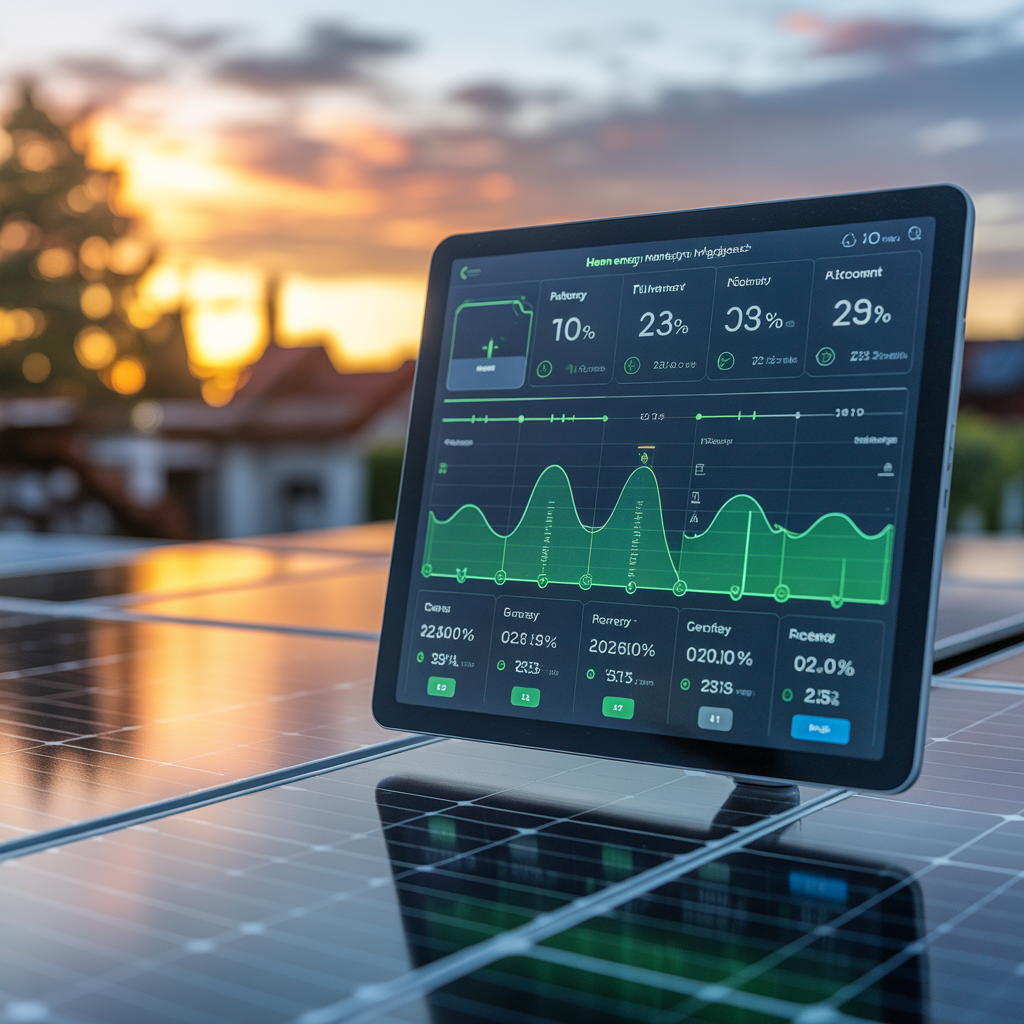 A home energy management dashboard displayed on a modern tablet, solar panels on rooftop at sunset, glowing green energy flow lines, detailed, no women